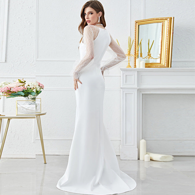 Fashionable French Elegant Mesh Stitching Sleeves Fishtail Dress