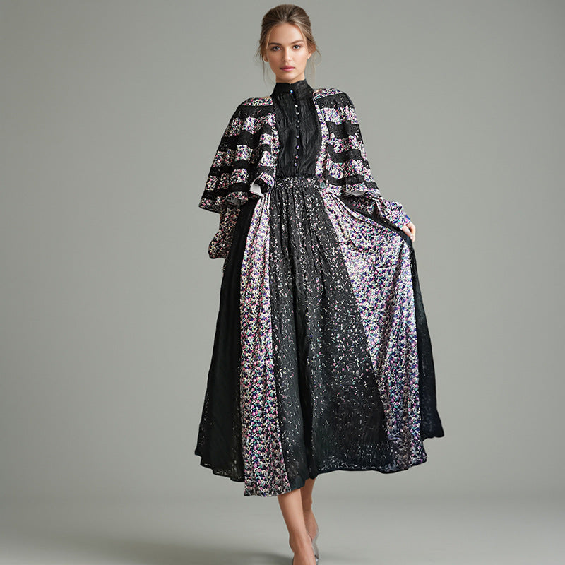 Elegante vestido largo de encaje de cintura alta con diseño de capa y chal estampado