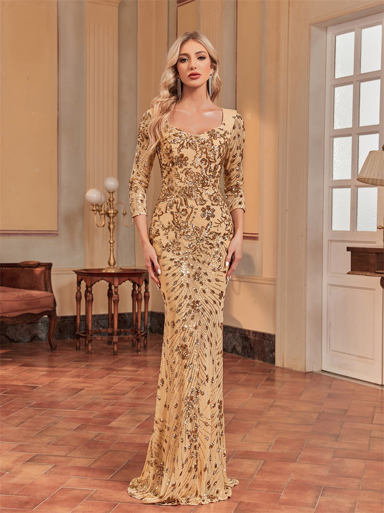 Vestido de manga larga para trabajo pesado, vestido maxi de cola de pez con lentejuelas, vestido de dama de honor ajustado con cola de pez, vestido de cóctel de noche