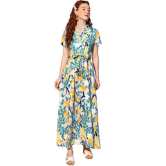 Vestido largo dulce con cinturón, manga corta y cuello en V estampado