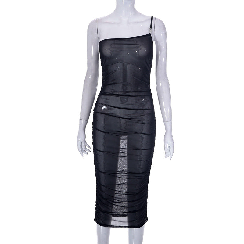 Mesh See through One Shoulder Sleeveless Dress