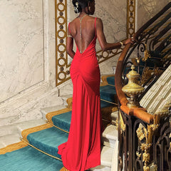 Vestido largo camisola con cuello descapotable, espalda descubierta y corte entallado