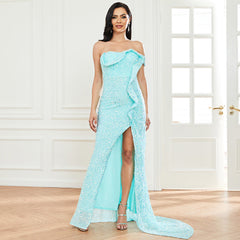 Sleeveless Elegant Long Sequined off Neck Backless Dress