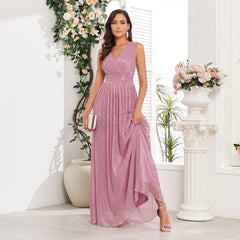 Pleated Shiny Double V Neck Large A Hem Party Evening Dress Short Sleeve Back Zipper Full Lining Prom Dress
