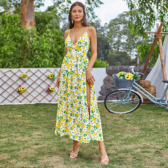 Vestido largo con tirantes florales, escote en V profundo, abertura alta y espalda descubierta, estilo rural, dulce, para vacaciones