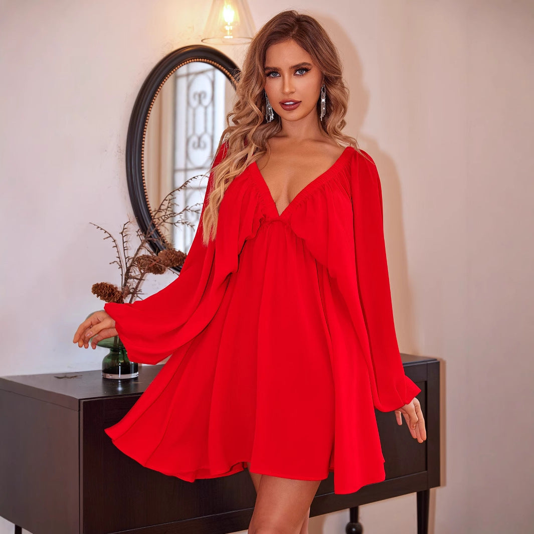 Vestido largo con vuelo, cuello en V, manga larga, farol y mangas abullonadas