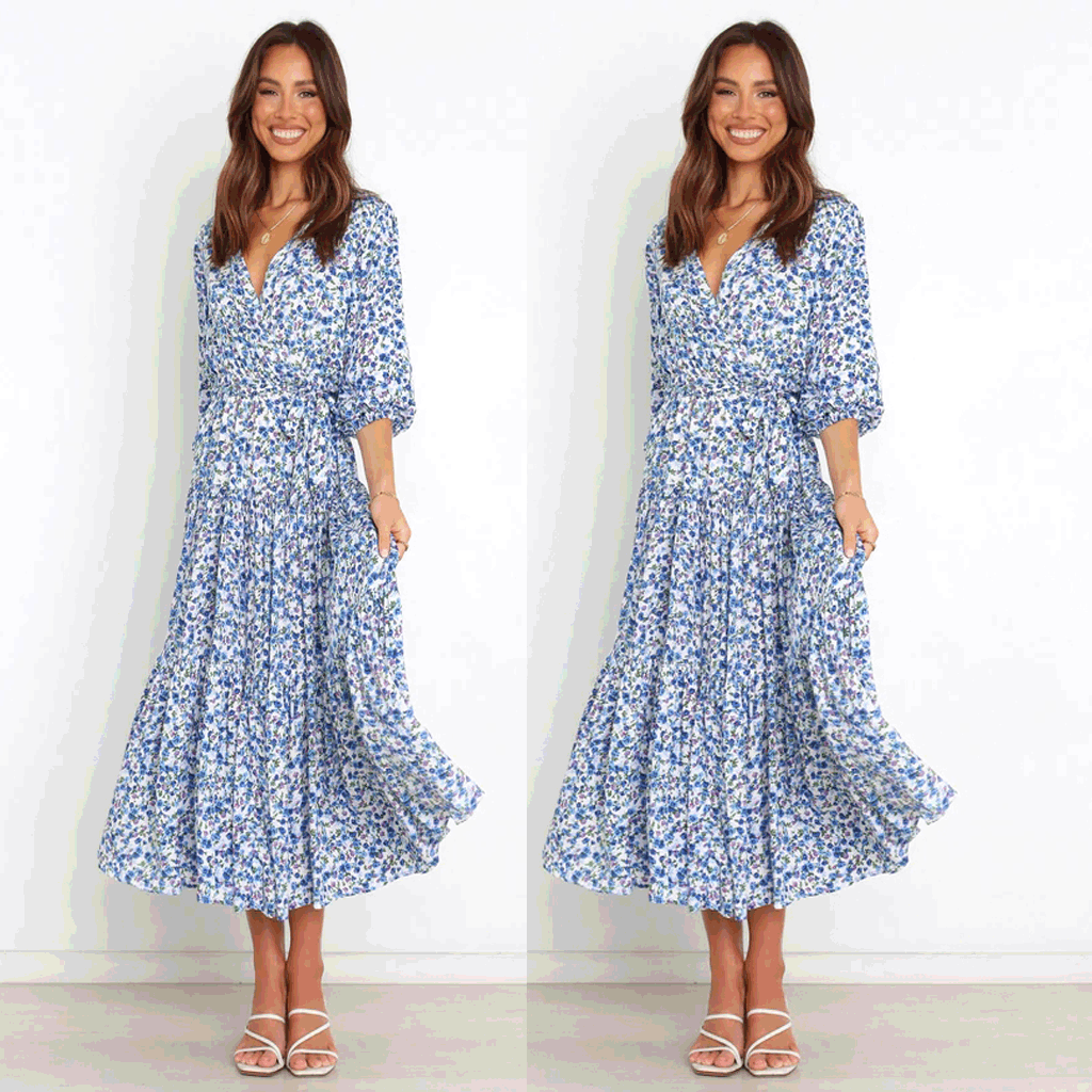 Floral Fresh Sweet Mid-Sleeve V neck Dress
