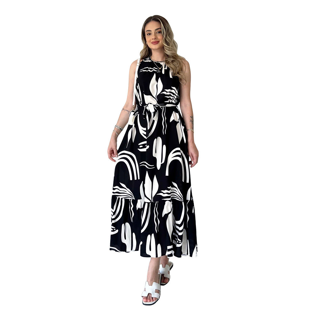 Wear Irregular Asymmetric Pattern Print Sleeveless High Waist Slim Tether Dress