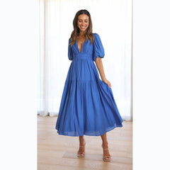 Casual Trends V neck Tight Waist Mid Length Dress
