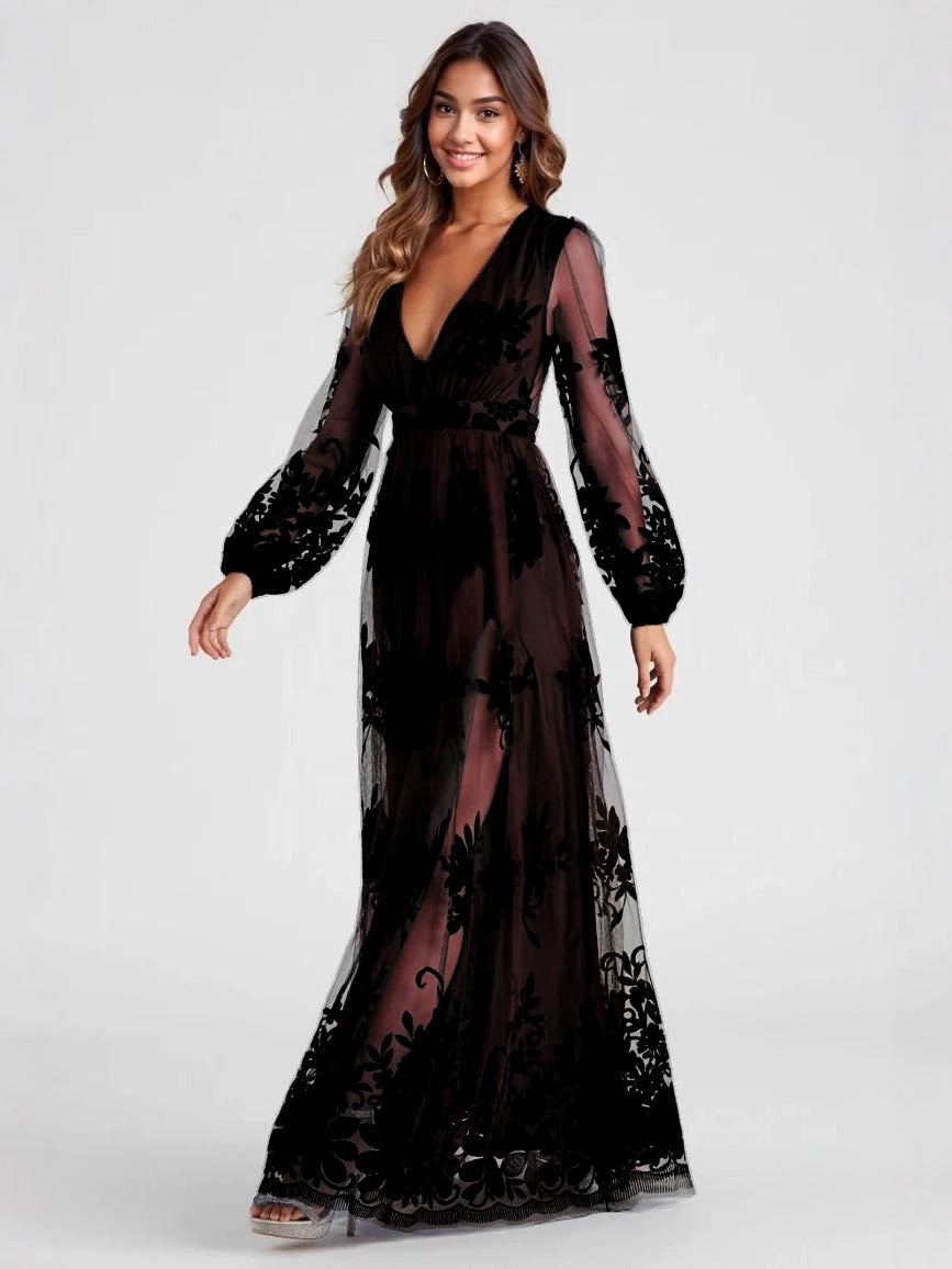 Maxi Dress High Split Ladies Long Sleeves Evening Dress