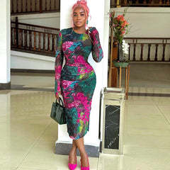 Personality Wear Elegant Printed Office Lady Sheath Dress round Neck Long Sleeve Slim Length Dress