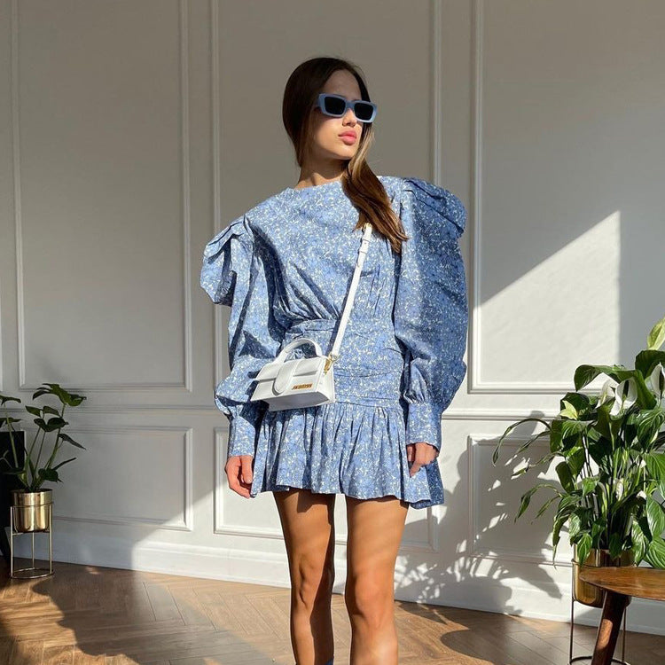 Printed Floral Dress Long Sleeve Cinched Pleated Casual Dress
