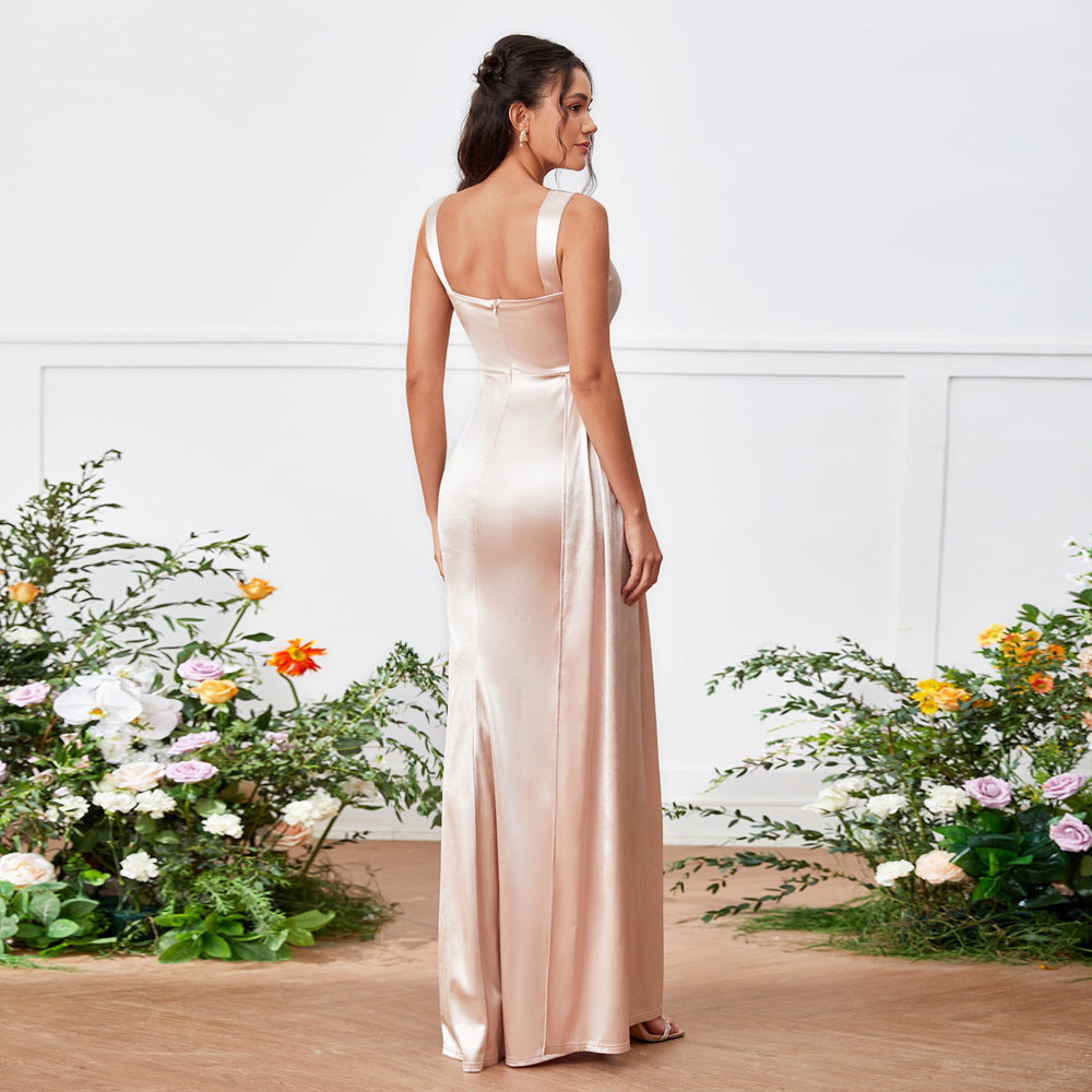 Vestido de mujer con tirantes, parte superior de tubo, abertura lateral alta, bolso de cadera, corte A, cintura alta