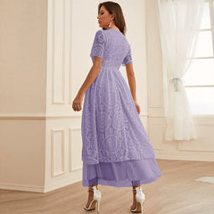 Lace Stitching Mesh Solid Color Dress