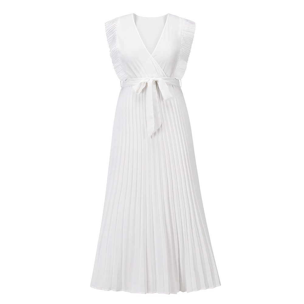 Elegant Beach DressSlim Fit Ruffle Sleeve Chiffon Pleated Solid Color Dress