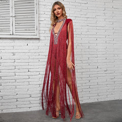 Deep V Plunge Luxury Rhinestone Tassel Dress Party High End Dinner Performance Dress