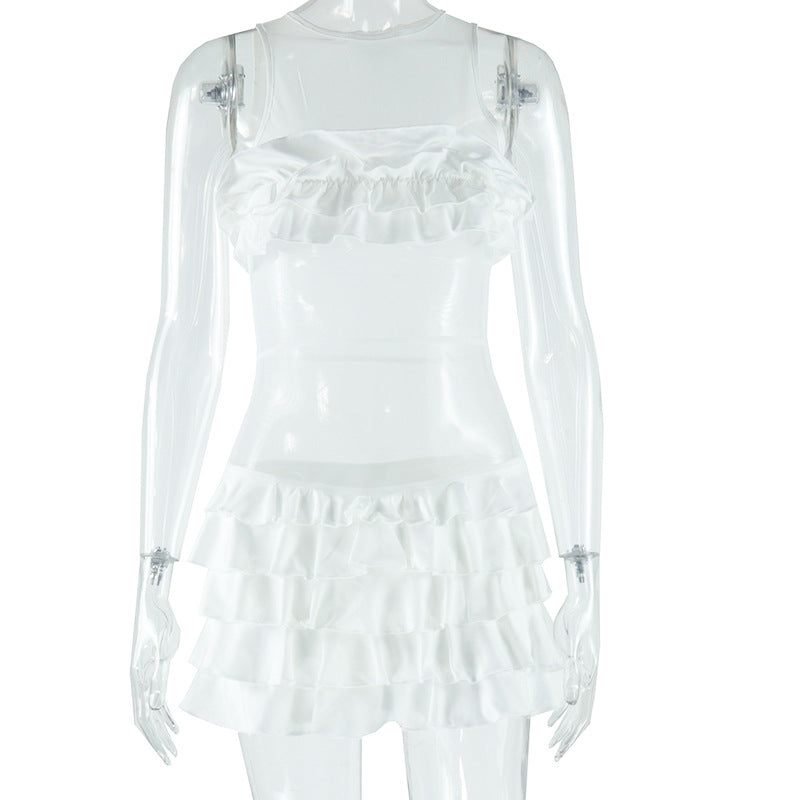 Solid Color Frillies Swing Hip Round Neck Sleeveless Dress