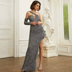 Vestido elegante ajustado de manga única, largo, con lentejuelas, ajustado, con cola pequeña, para fiesta anual y noche.