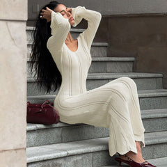 Solid Color Woolen Dress Long Sleeve U Collar Slim Fit Dress