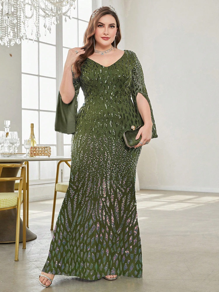 Vestido de noche ajustado con escote en V profundo y manga larga, talla grande, para cóctel o fiesta