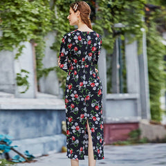 V neck Shirt Sleeve Printing High Waist Long Casual Dress