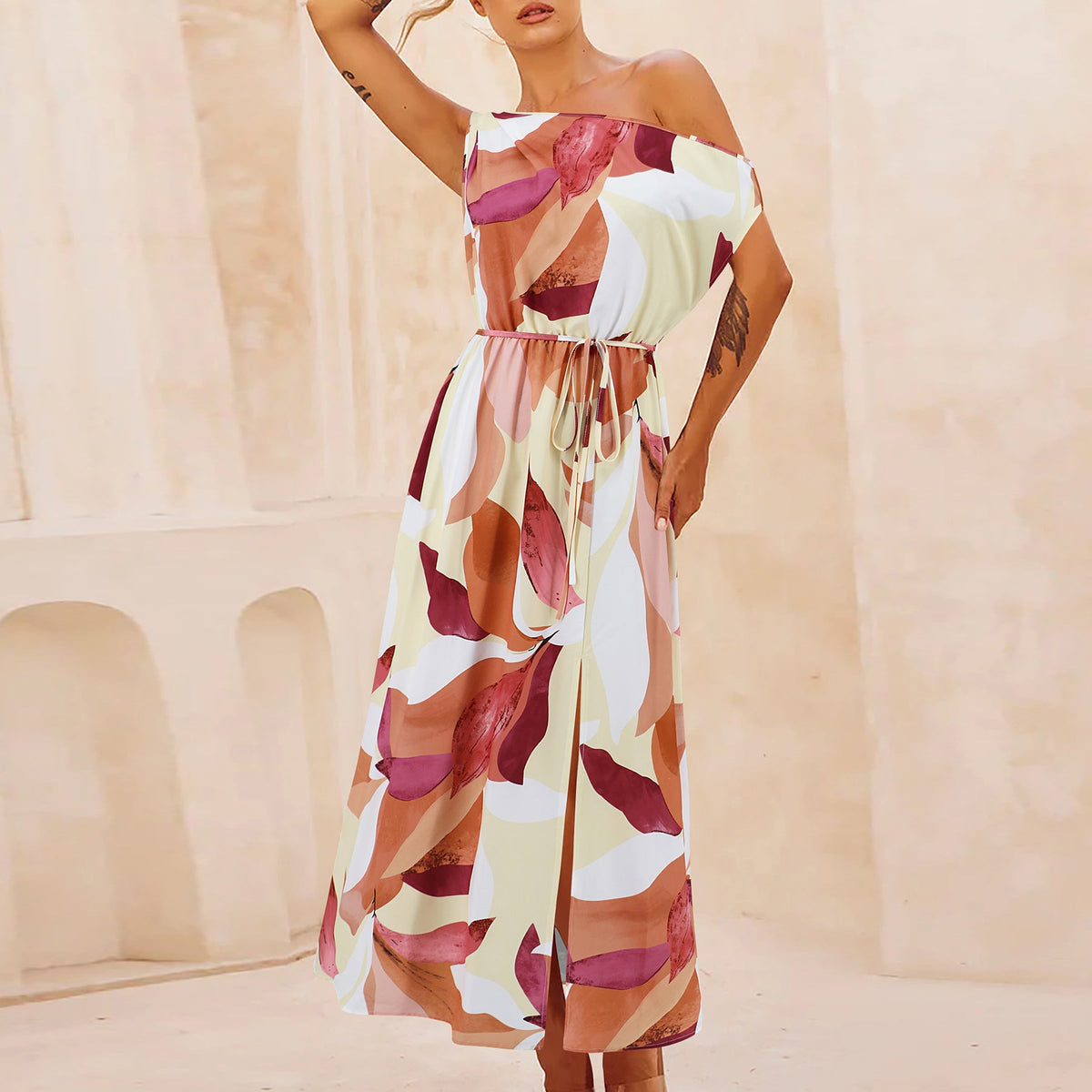 Elegant Slim Printed Dress Off Neck Slit Belt Dress