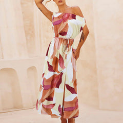 Elegant Slim Printed Dress Off Neck Slit Belt Dress