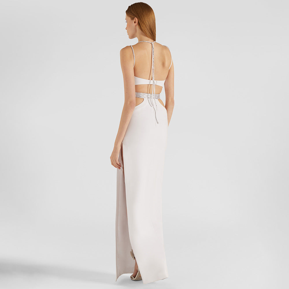 White Rhinestone Hollow Out Cutout out Dress Camisole Backless Maxi Dr – AmiEmi