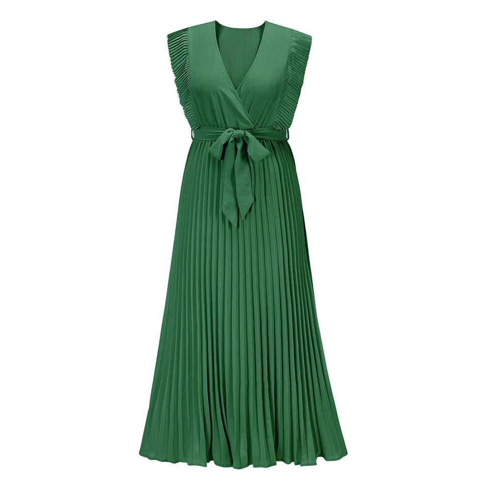 Elegant Beach DressSlim Fit Ruffle Sleeve Chiffon Pleated Solid Color Dress