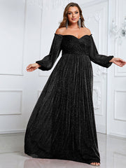 plus Size off Shoulder Long Sleeve Dress Solid Color Simple Dress Cocktail Evening Gown for