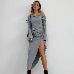 Sunken Stripe off Neck Slim Fit Sheath Split Flare Sleeve Dress Long