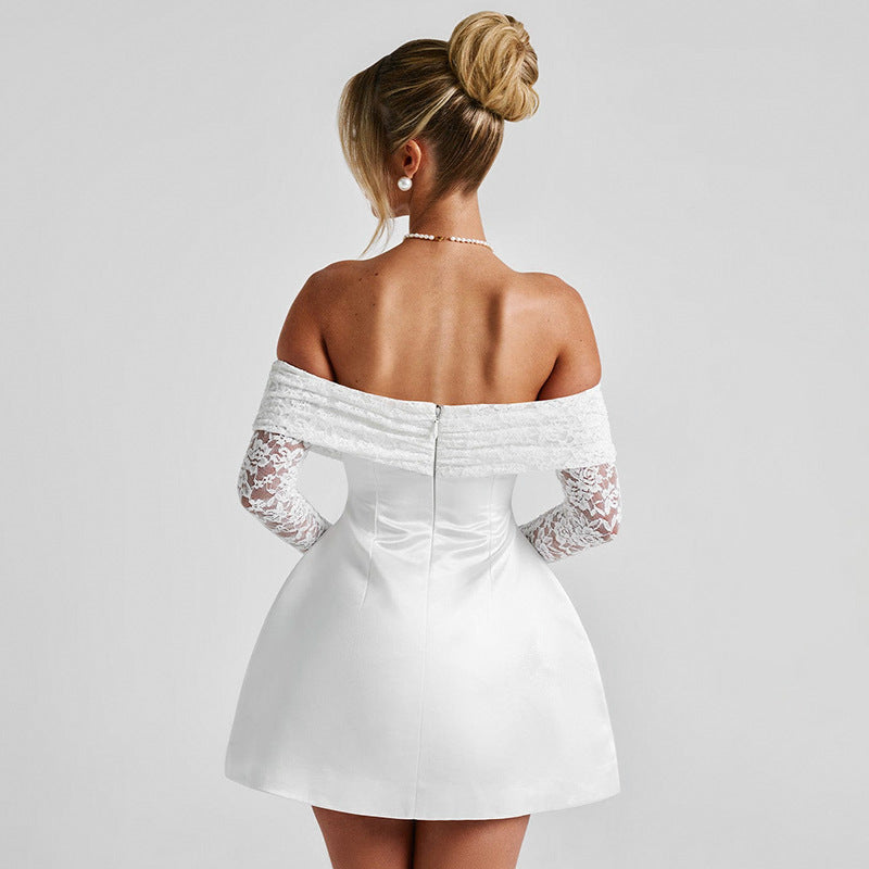 Vestido de corte A con manga larga y costuras de encaje y cuello alto