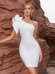 Vestido de noche con vendaje, vestido de vendaje, un hombro, volantes, ajustado, ahuecado, corte, sin mangas, para fiesta.