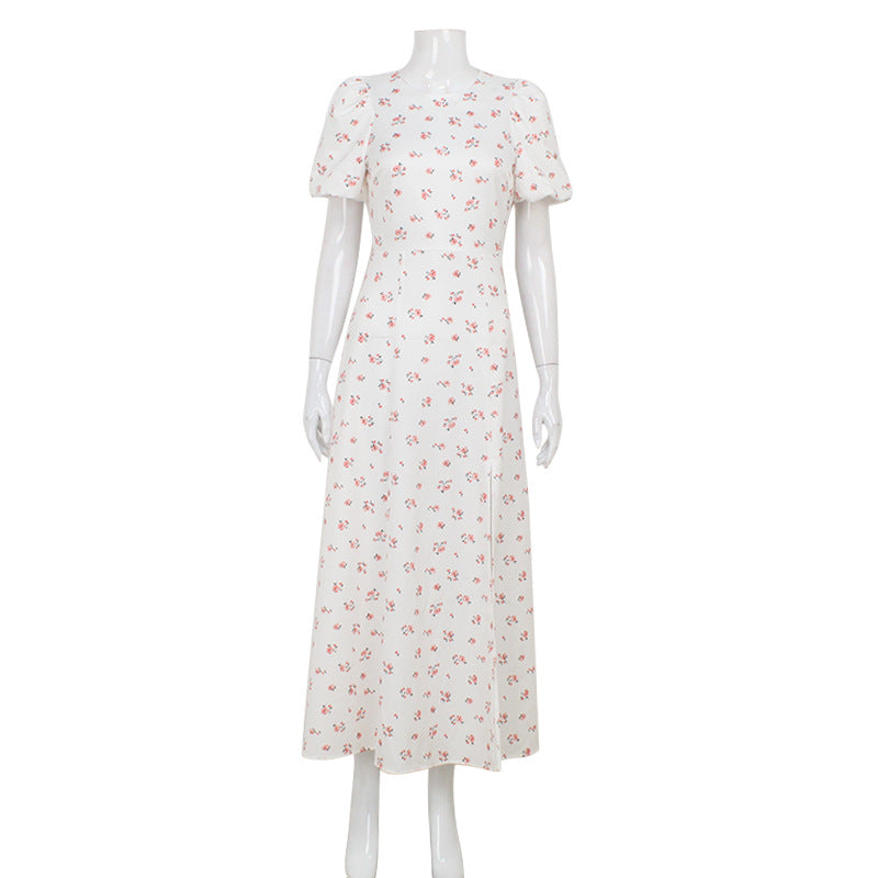 Vestido francés de cuello redondo con estampado floral, mangas abullonadas, espalda descubierta y abertura, fresco y dulce.