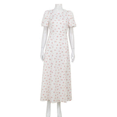 Vestido francés de cuello redondo con estampado floral, mangas abullonadas, espalda descubierta y abertura, fresco y dulce.