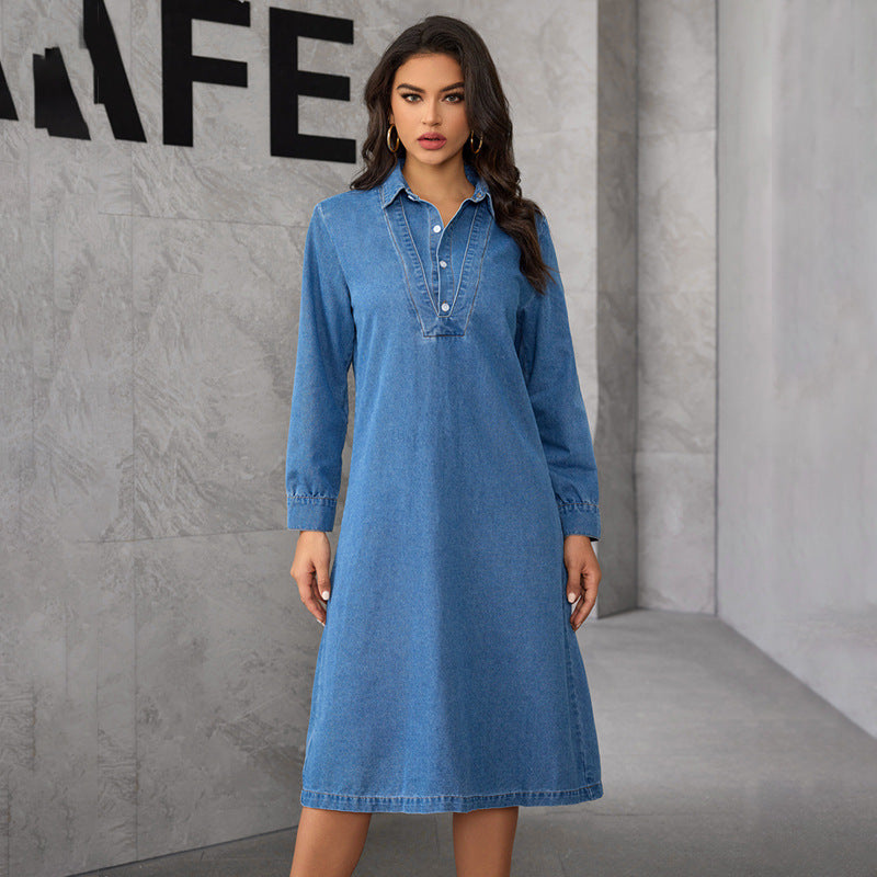 Vestido midi de mezclilla de manga larga, elegante, retro, con cuello chino
