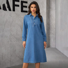 Vestido midi de mezclilla de manga larga, elegante, retro, con cuello chino
