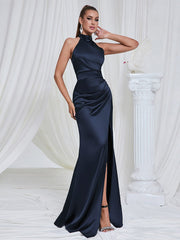 Vestido elegante ajustado con espalda descubierta y cuello halter, vestido con abertura larga