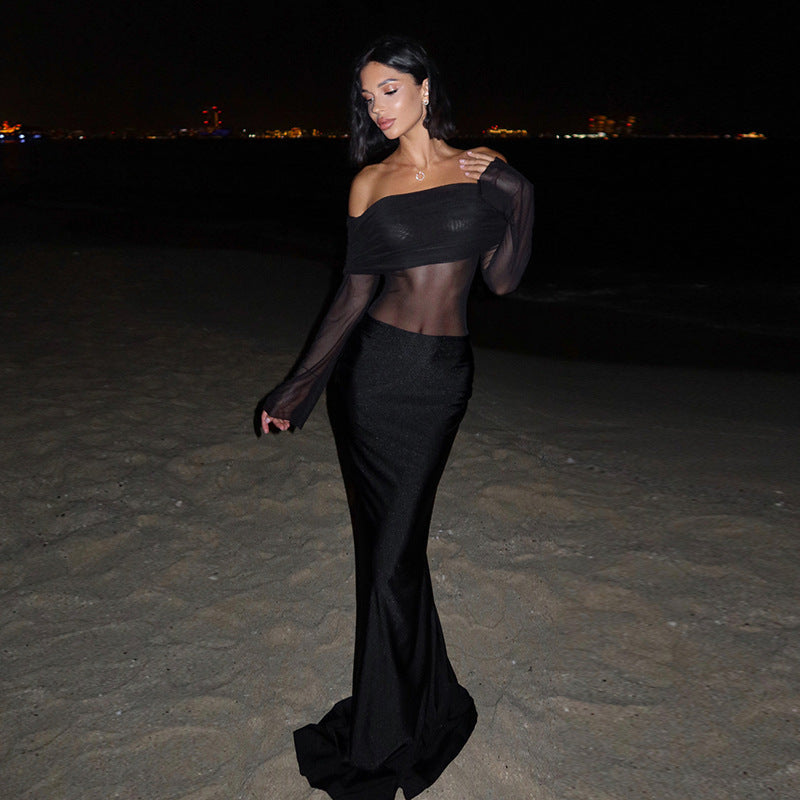 Fall Maxi Dress Elegant Slim off Shoulder Mesh