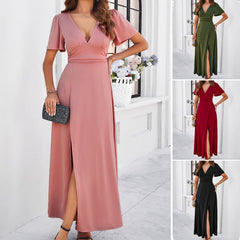 Solid Color Elegant Slim V neck Dress