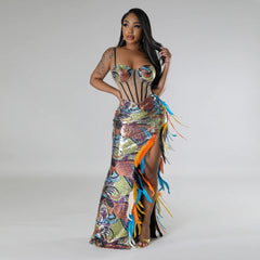 Sling Velvet Sequin Party Evening Dress High Slit Feather Dress