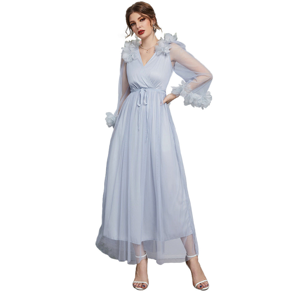 Fairy Dress V neck Long Sleeve High Waist Applique Long Lace Dress