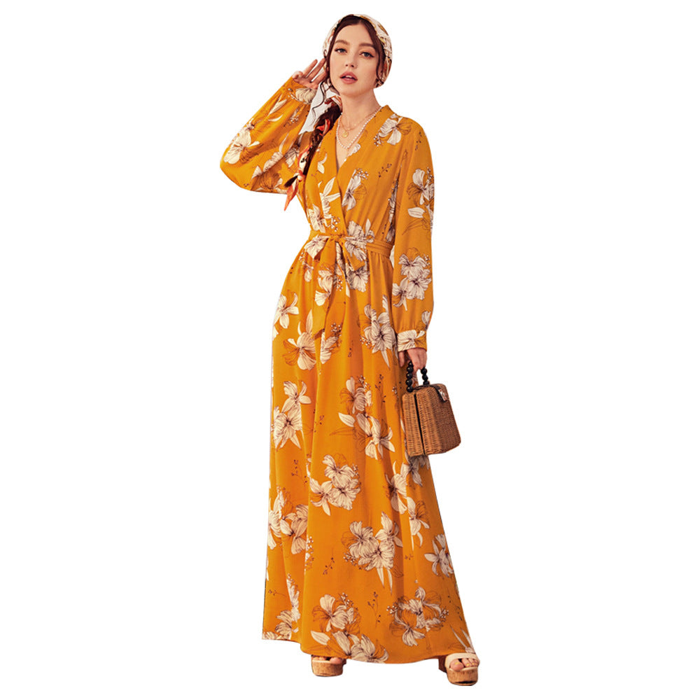 Printed V neck Long Sleeve Dress Long Sweet Dress