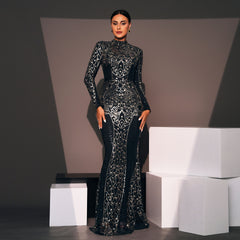 Vestido de noche de manga larga, cuello redondo, ajustado, largo, con lentejuelas, para cóctel y dama de honor.