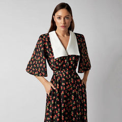 Vestido elegante de manga corta con cuello de muñeca y abertura en la cintura con estampado floral