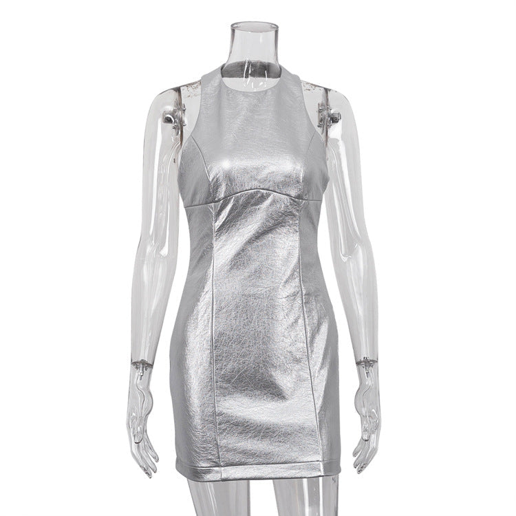 Faux Leather Silver Backless Hip Dress