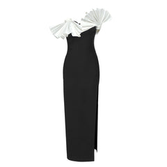 Vestido sin tirantes con forma de abanico plegable en blanco y negro sin espalda
