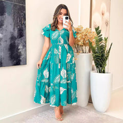 V neck Buttons Decorative Elastic Waisted Stitching A Line Dress