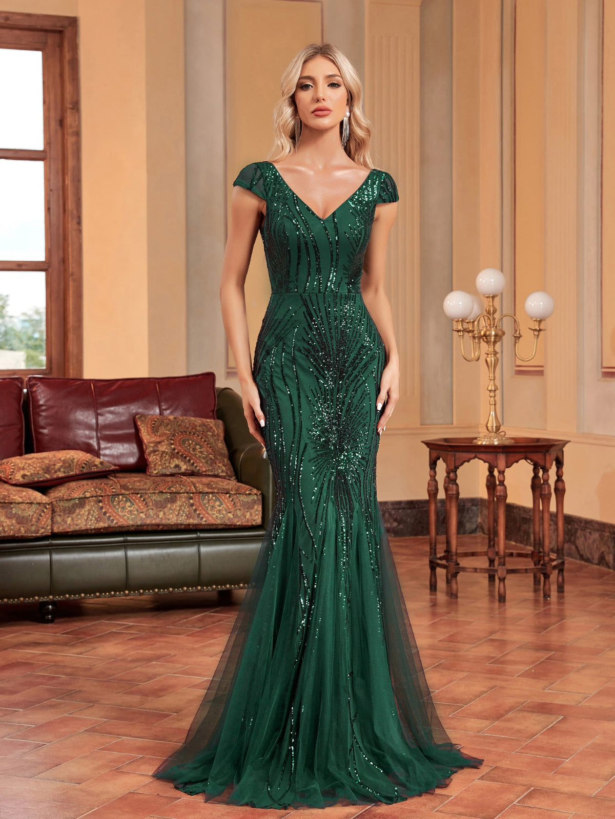 Green Beaded Dress Long Slim Fishtail Bridesmaid Cocktail Evening Dress for