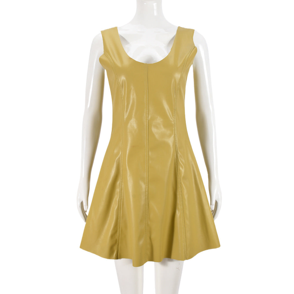 Vestido de piel sintética con cuello en U, sin mangas, con patchwork y personalidad